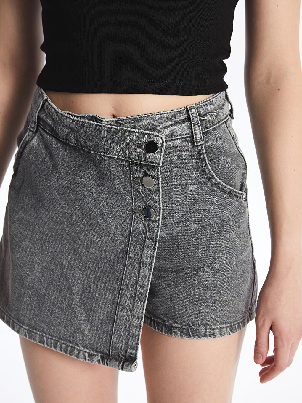 Women's Standard Fit Plain Jean Shorts Skirt -S4HS09Z8-GRD