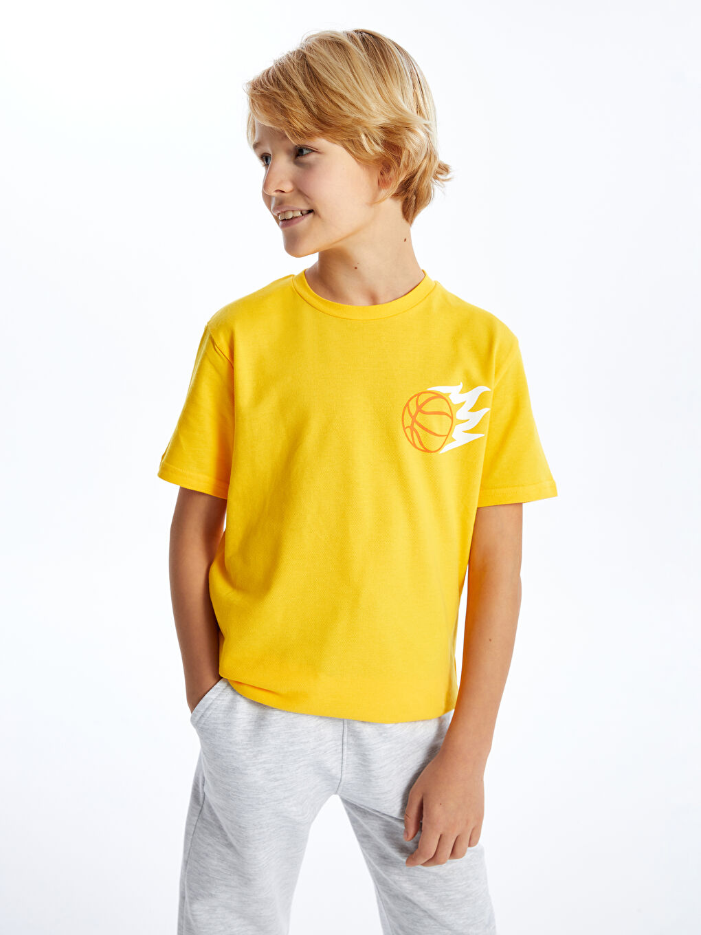 Sarı Bisiklet Yaka Baskılı Kısa Kollu Erkek Çocuk Tişört