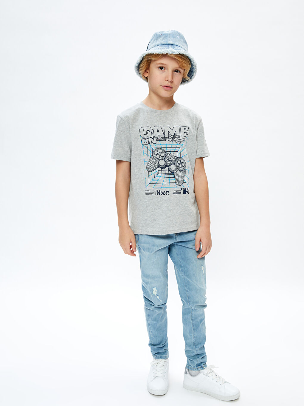 Gri Bisiklet Yaka Tok Kumaş Erkek Çocuk Tişört-1