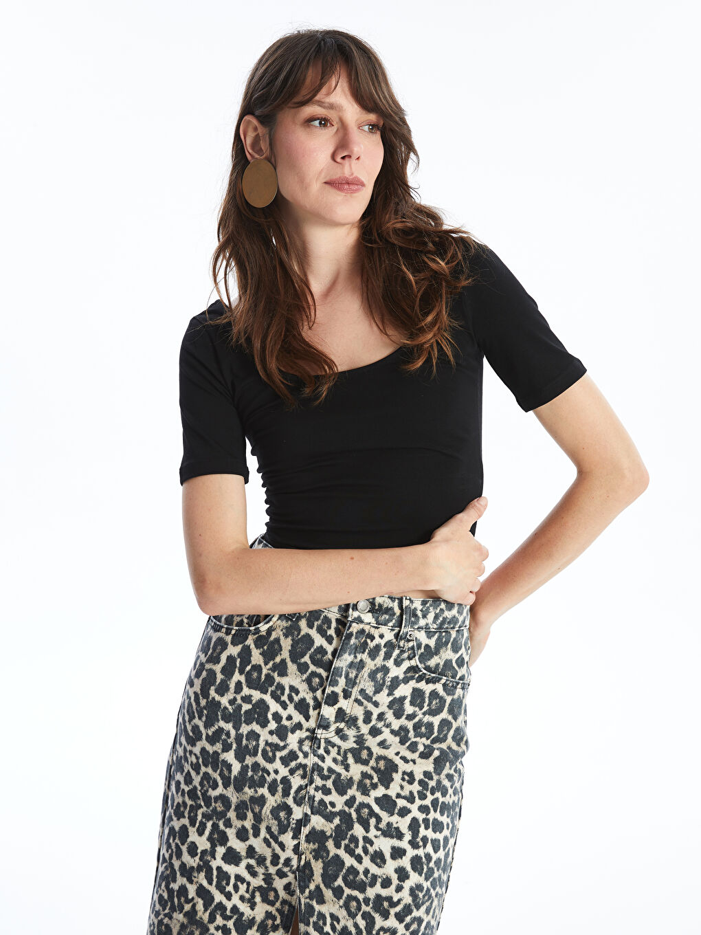 U-Neck Straight Short Sleeve Women's Crop -S4HS28Z8-CVL