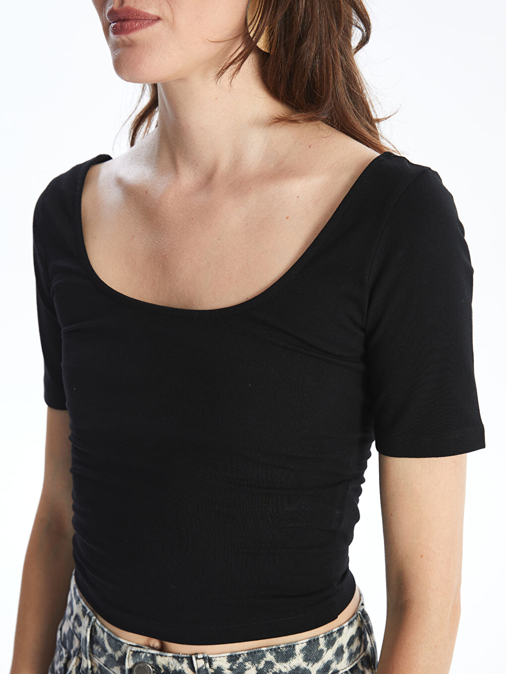 U-Neck Straight Short Sleeve Women's Crop -S4HS28Z8-CVL