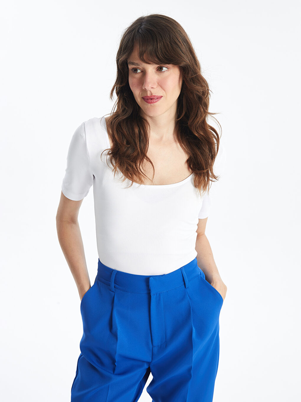 U-Neck Straight Short Sleeve Women's Crop -S4HS28Z8-Q6K