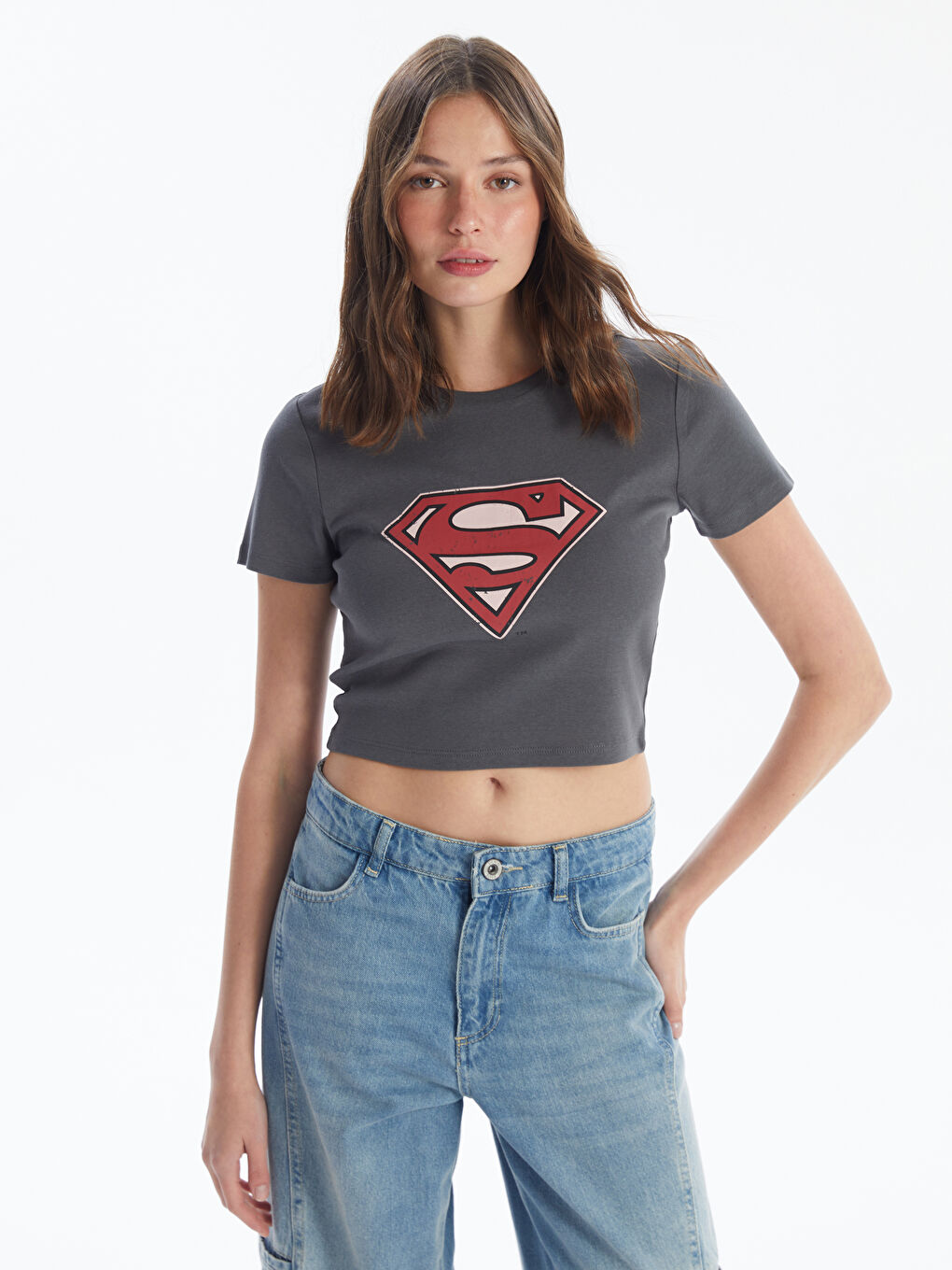 LC Waikiki Crew Neck Superman Printed Short Sleeve Women's Crop Top -S4HS86Z8-HGL
