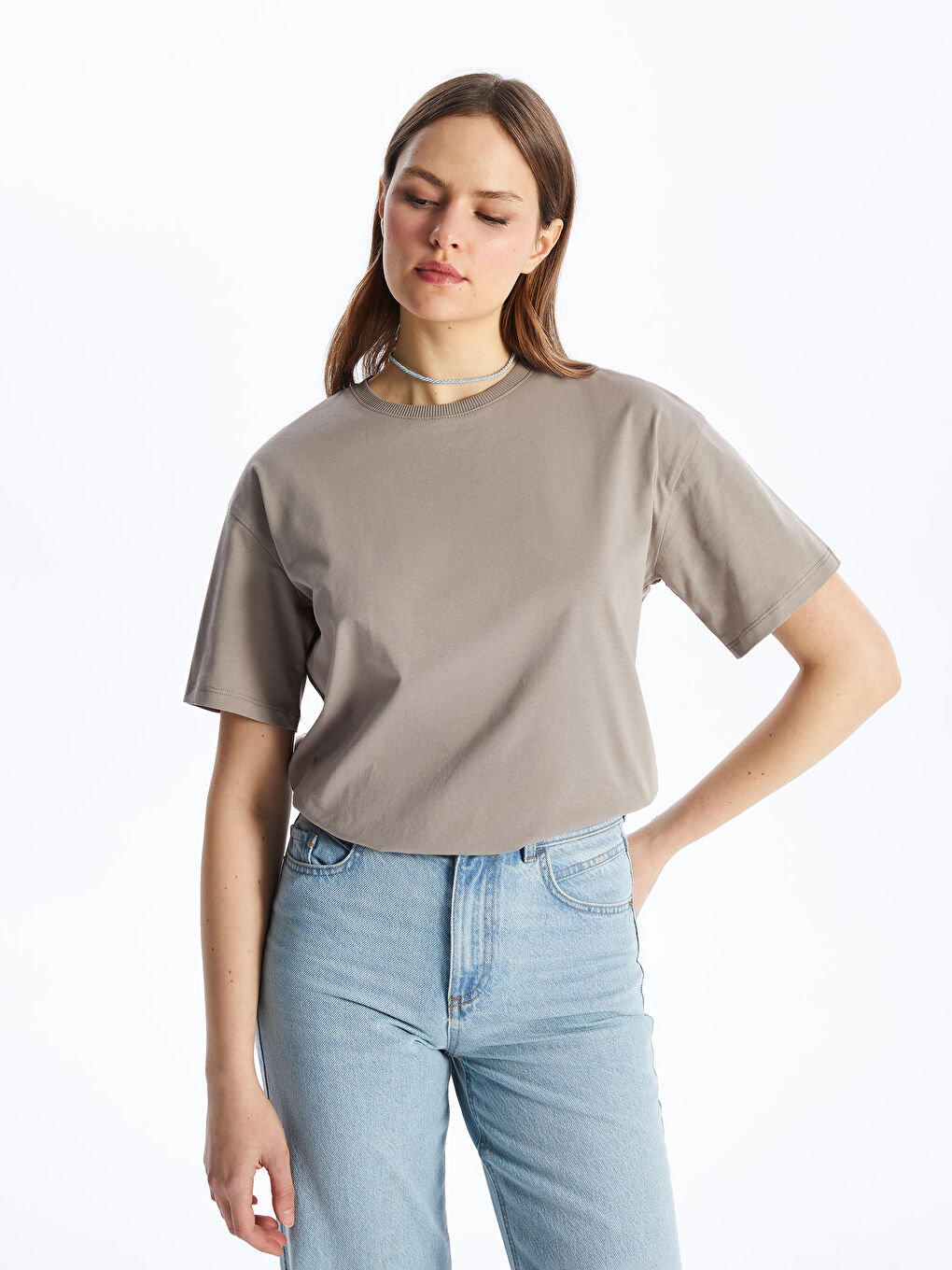 Crew Neck Plain Short Sleeve Women's T-Shirt -S4HT30Z8-GRC