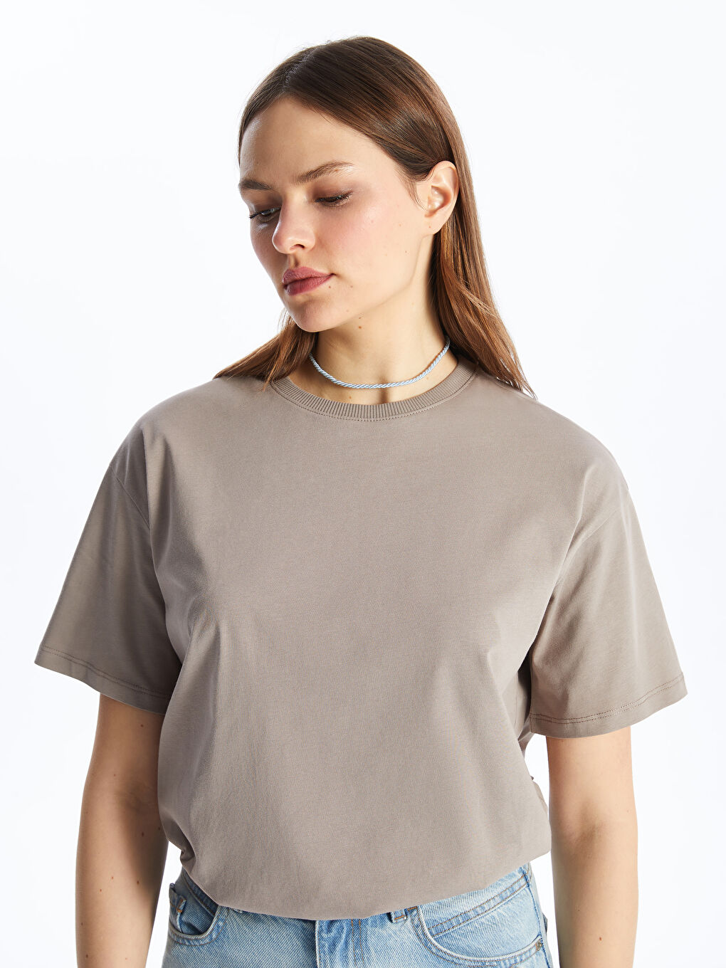 Crew Neck Plain Short Sleeve Women's T-Shirt -S4HT30Z8-GRC
