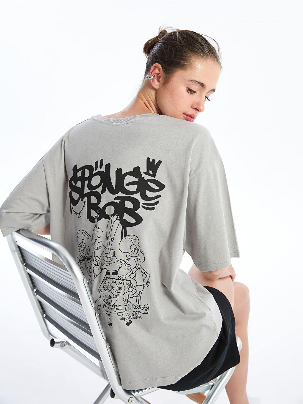 Crew Neck SpongeBob Printed Short Sleeve Oversize Women's T-Shirt -S4HT91Z8-GDP