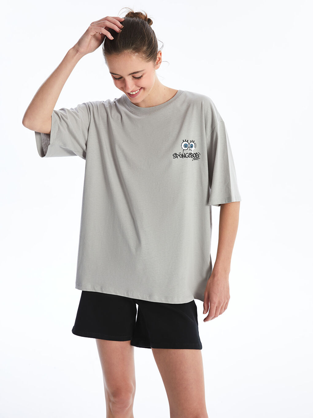 Crew Neck SpongeBob Printed Short Sleeve Oversize Women's T-Shirt -S4HT91Z8-GDP