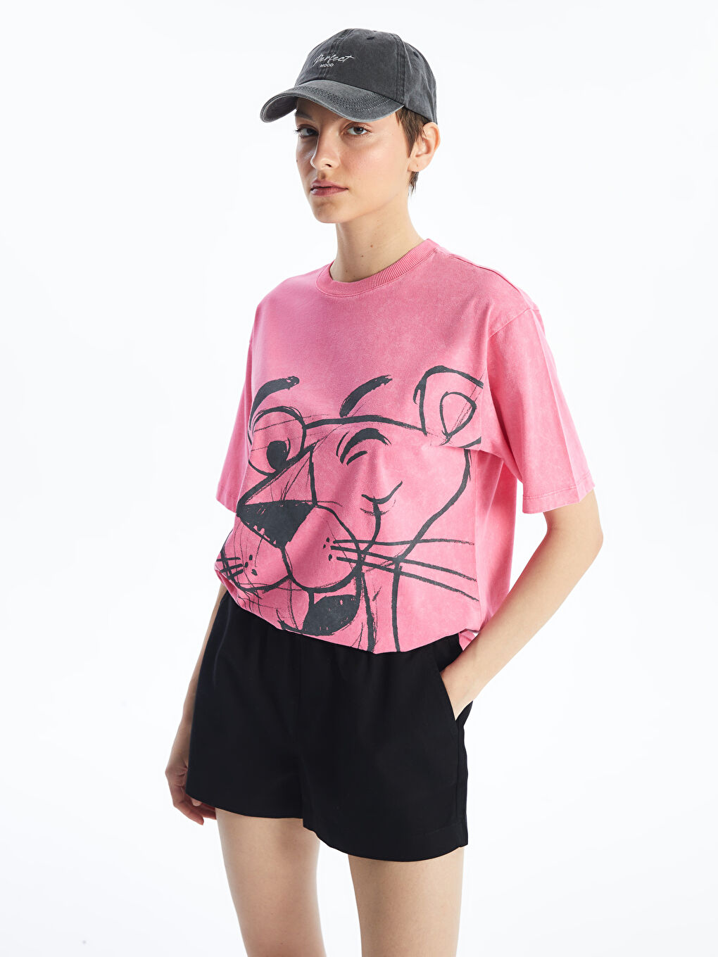Crew Neck Pink Panther Printed Short-Sleeve Oversized Women's T-Shirt -S4HU03Z8-GSY