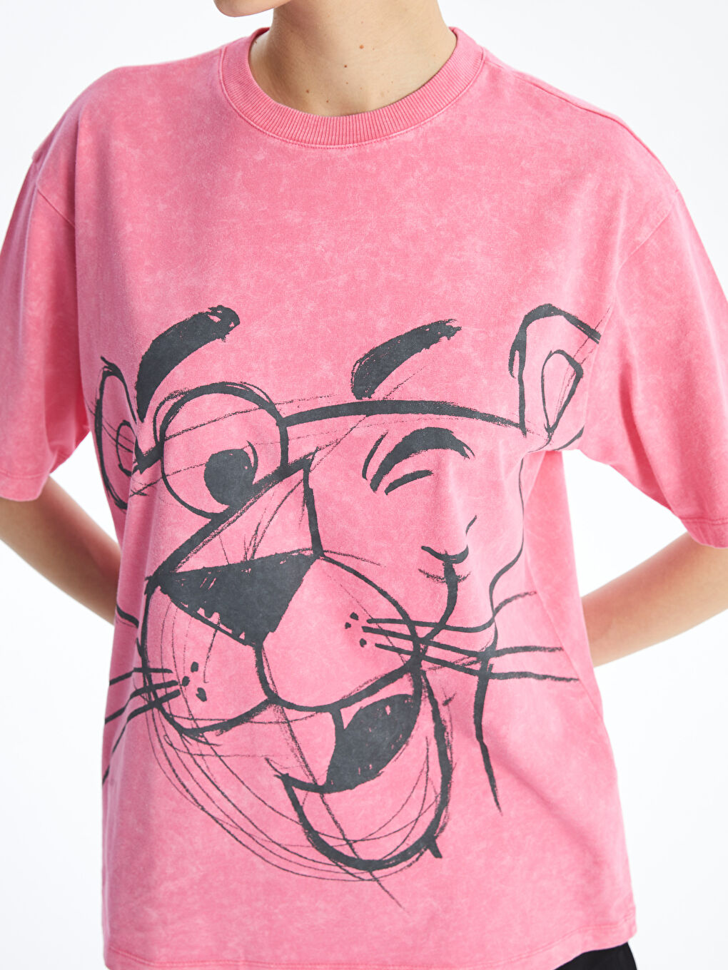 Crew Neck Pink Panther Printed Short-Sleeve Oversized Women's T-Shirt -S4HU03Z8-GSY