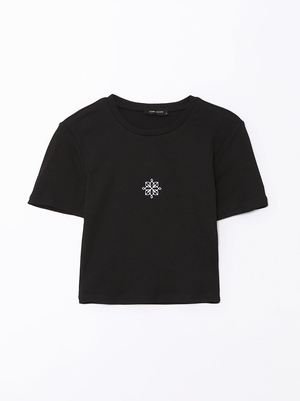 Siyah Bisiklet Yaka Nakışlı Kısa Kollu Kadın Crop-4