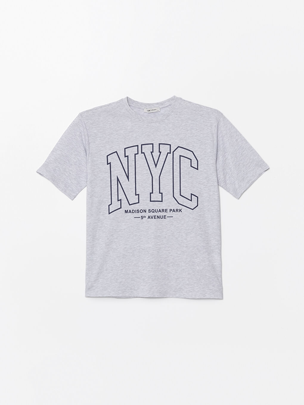 Gri Bisiklet Yaka Baskılı Kısa Kollu Oversize Kadın Tişört-4