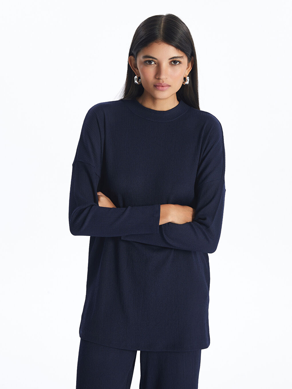 Stand-Up Collar Textured Women'S Tunic -S4HV16Z8-K7T