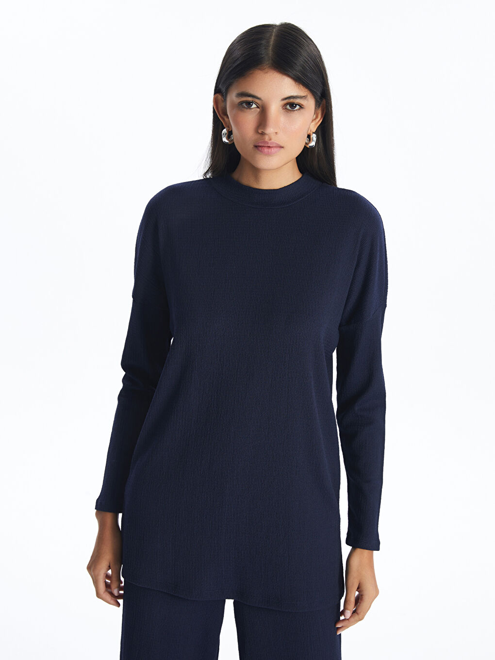 Stand-Up Collar Textured Women'S Tunic -S4HV16Z8-K7T