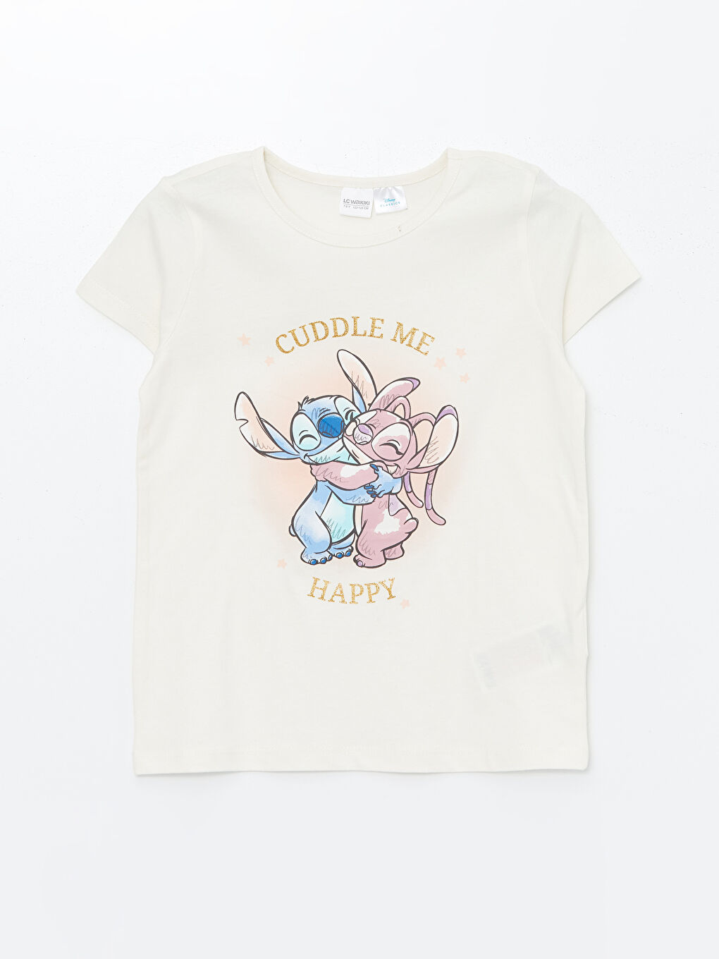 LCW Kids Ekru Bisiklet Yaka Lilo ve Stitch Baskılı Kız Çocuk Pijama Üst