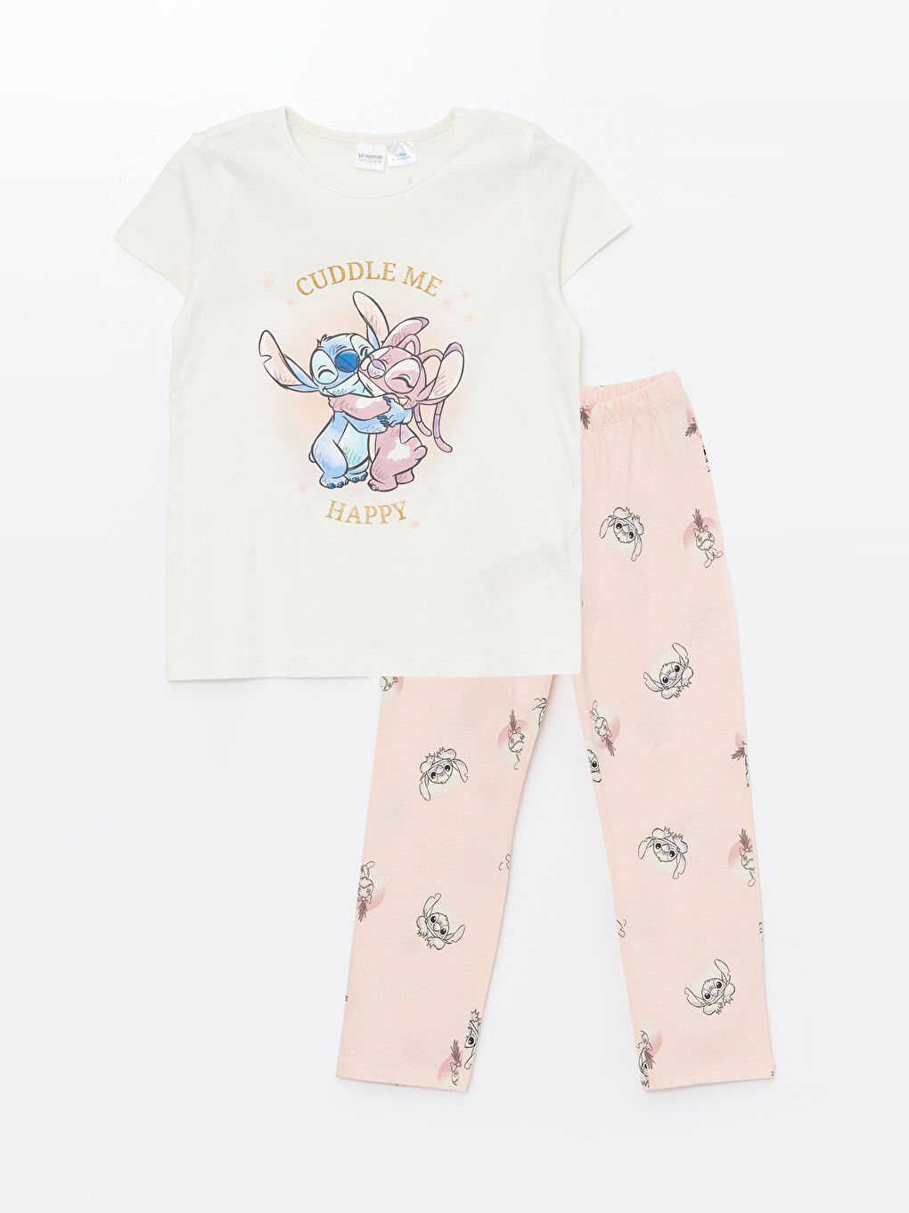 LCW Kids Ekru Bisiklet Yaka Lilo ve Stitch Baskılı Kız Çocuk Pijama Takımı