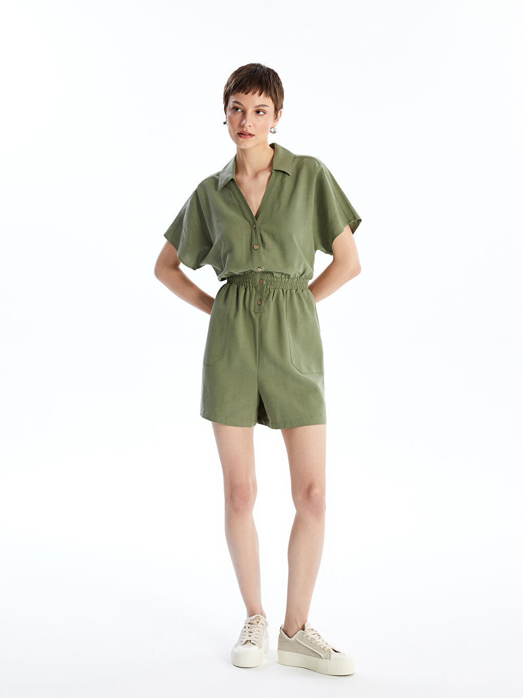 Shirt Collar Plain Short Sleeve Linen Blend Women's Jumpsuit -S4HV32Z8-H70
