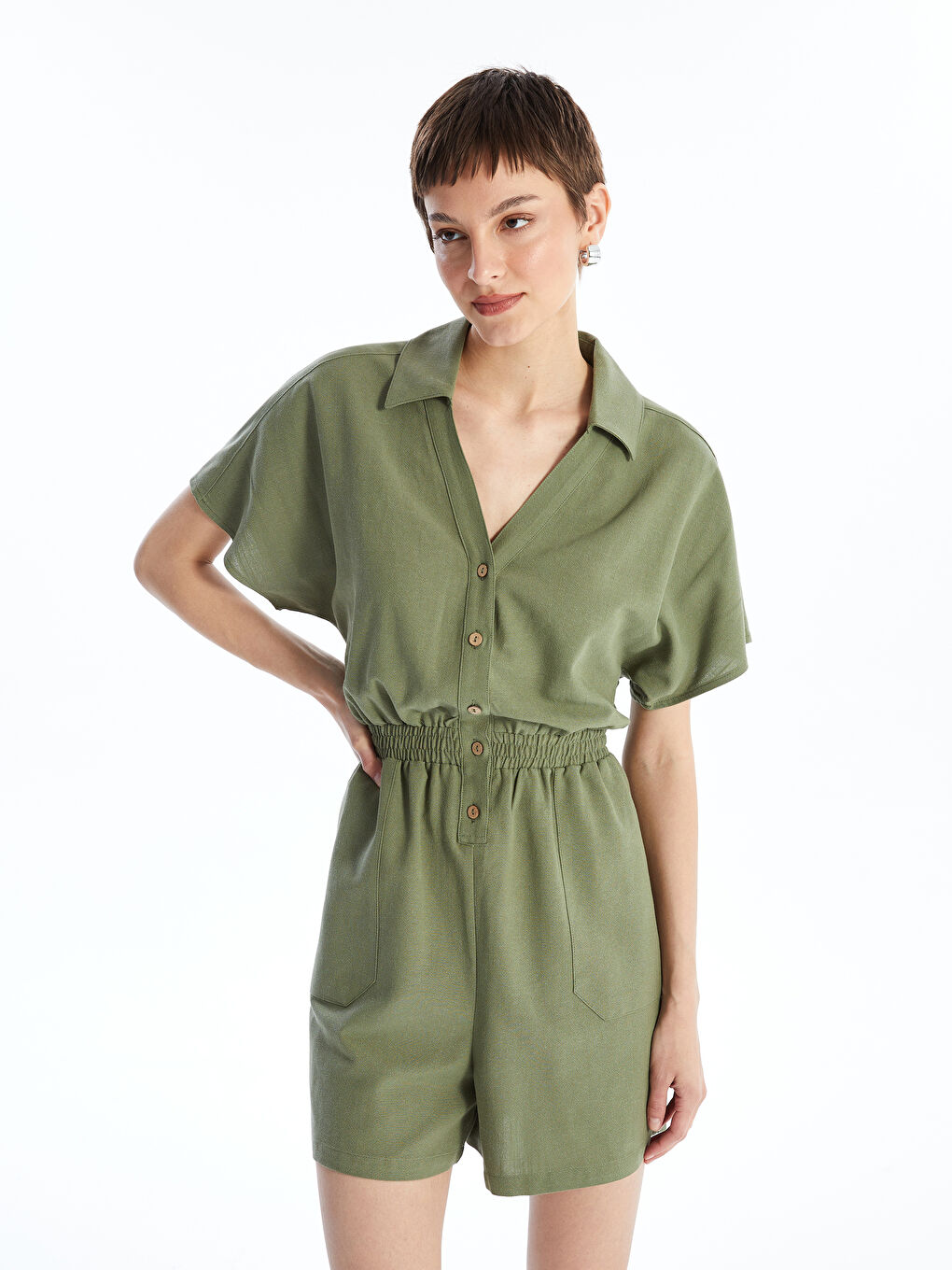 Shirt Collar Plain Short Sleeve Linen Blend Women's Jumpsuit -S4HV32Z8-H70