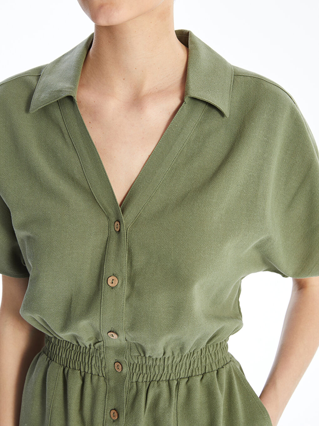 Shirt Collar Plain Short Sleeve Linen Blend Women's Jumpsuit -S4HV32Z8-H70