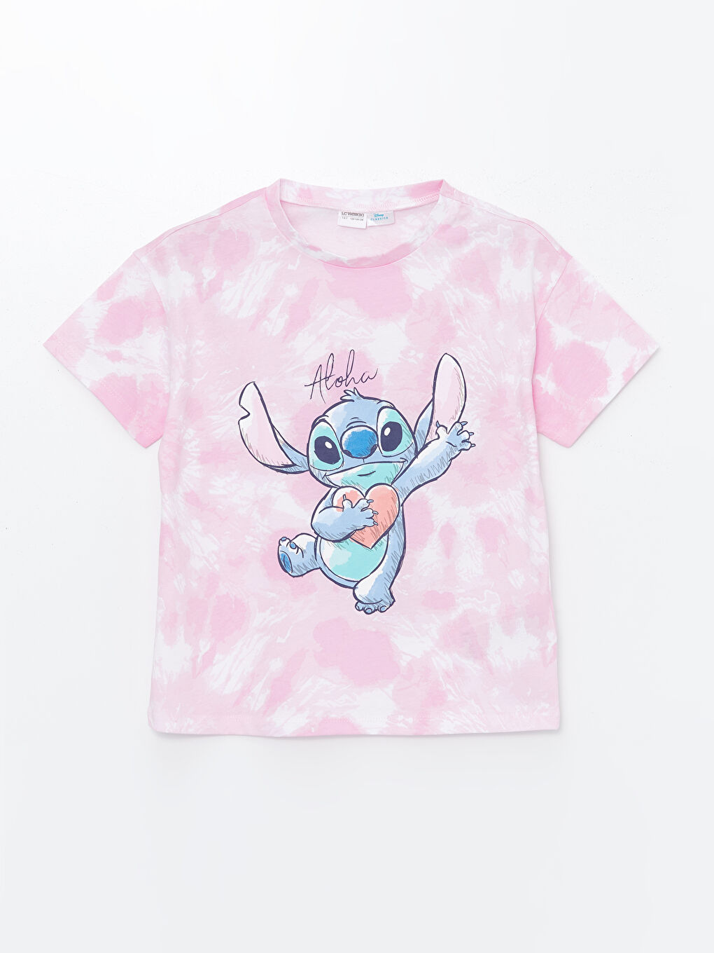 LCW Kids Pembe Baskılı Bisiklet Yaka Lilo ve Stitch Baskılı Kız Çocuk Pijama Üst