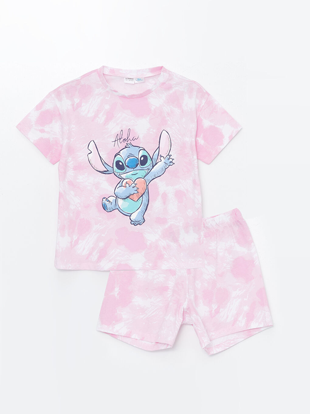 LCW Kids Pembe Baskılı Bisiklet Yaka Stitch Baskılı Kısa Kollu Kız Çocuk Şortlu Pijama Takımı