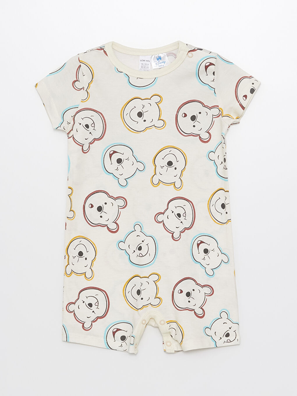 Ekru Bisiklet Yaka Kısa Kollu Winnie the Pooh Baskılı Erkek Bebek Tulum