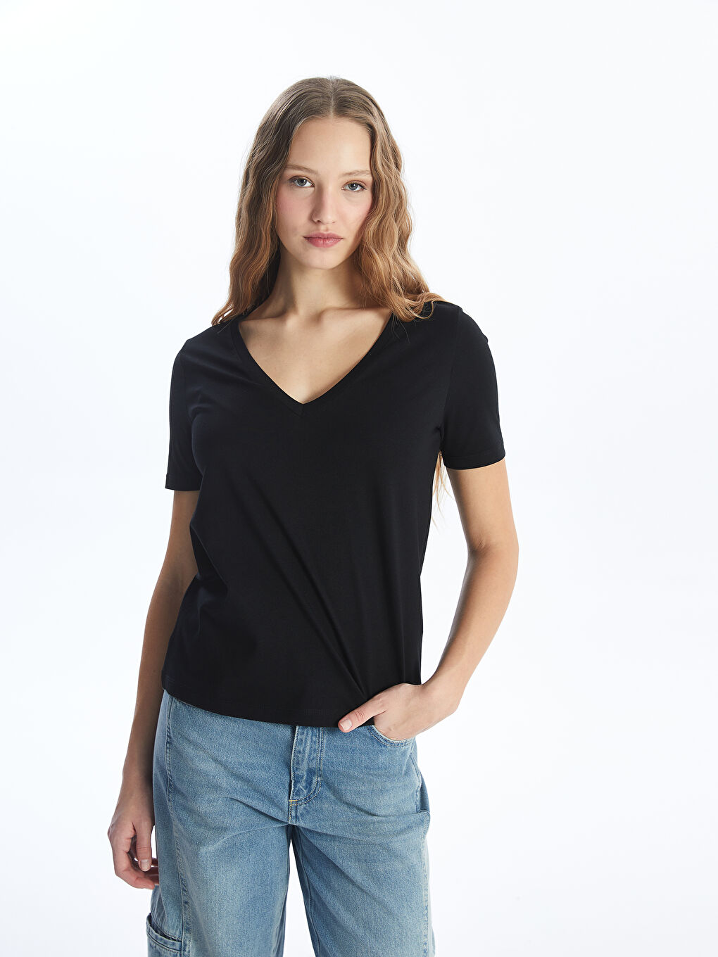 V Neck Straight Short Sleeve Women T-Shirt -S4HY10Z8-CVL