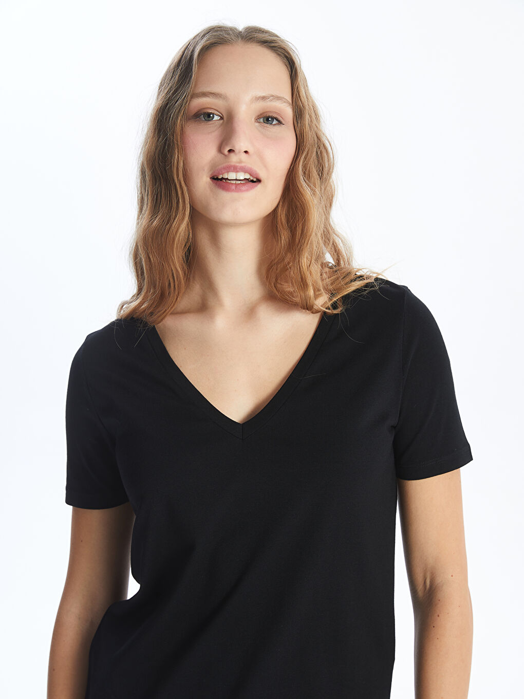 V Neck Straight Short Sleeve Women T-Shirt -S4HY10Z8-CVL