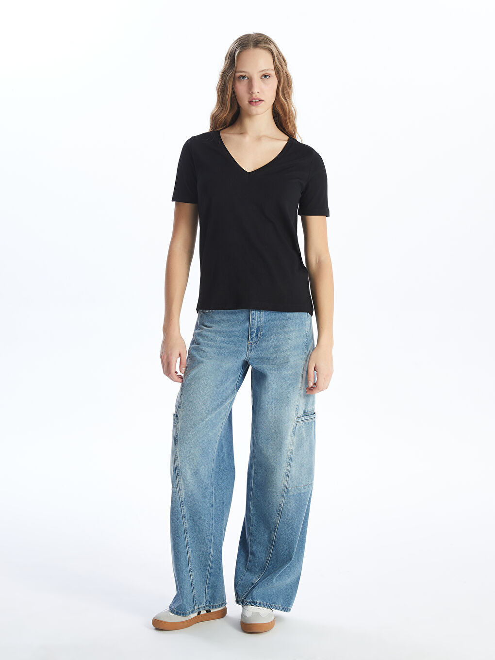 V Neck Straight Short Sleeve Women T-Shirt -S4HY10Z8-CVL