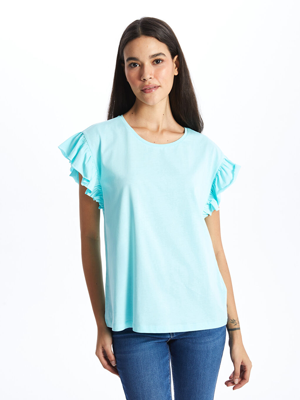 Yeşil Bisiklet Yaka Düz Kısa Kollu Kadın Bluz-1