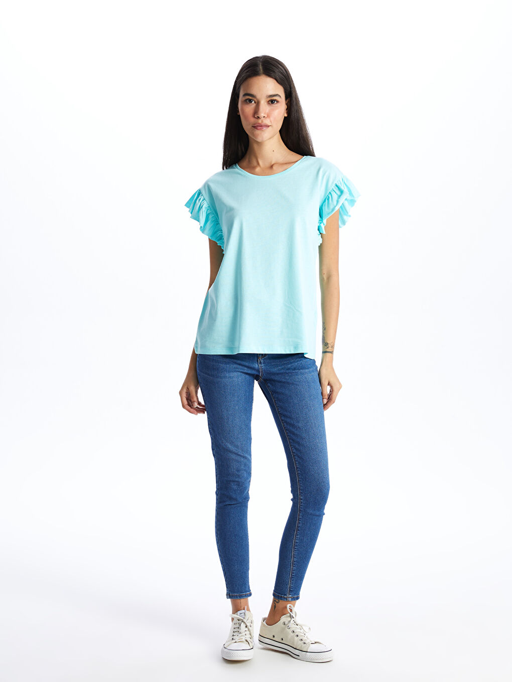 Yeşil Bisiklet Yaka Düz Kısa Kollu Kadın Bluz-2