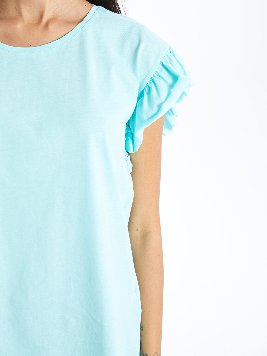 Yeşil Bisiklet Yaka Düz Kısa Kollu Kadın Bluz-3