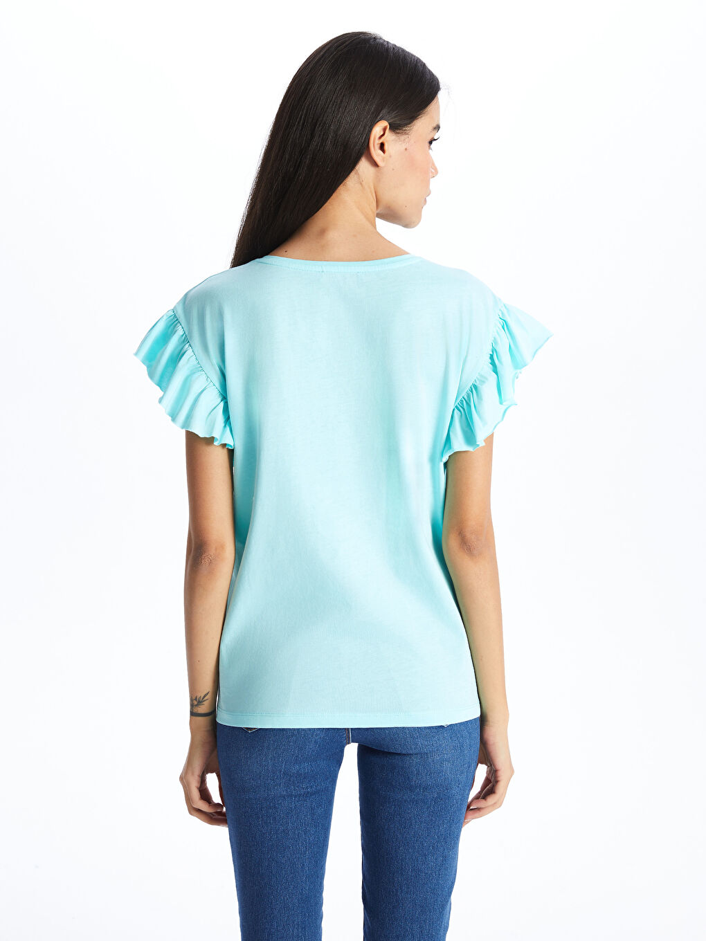 Yeşil Bisiklet Yaka Düz Kısa Kollu Kadın Bluz-4