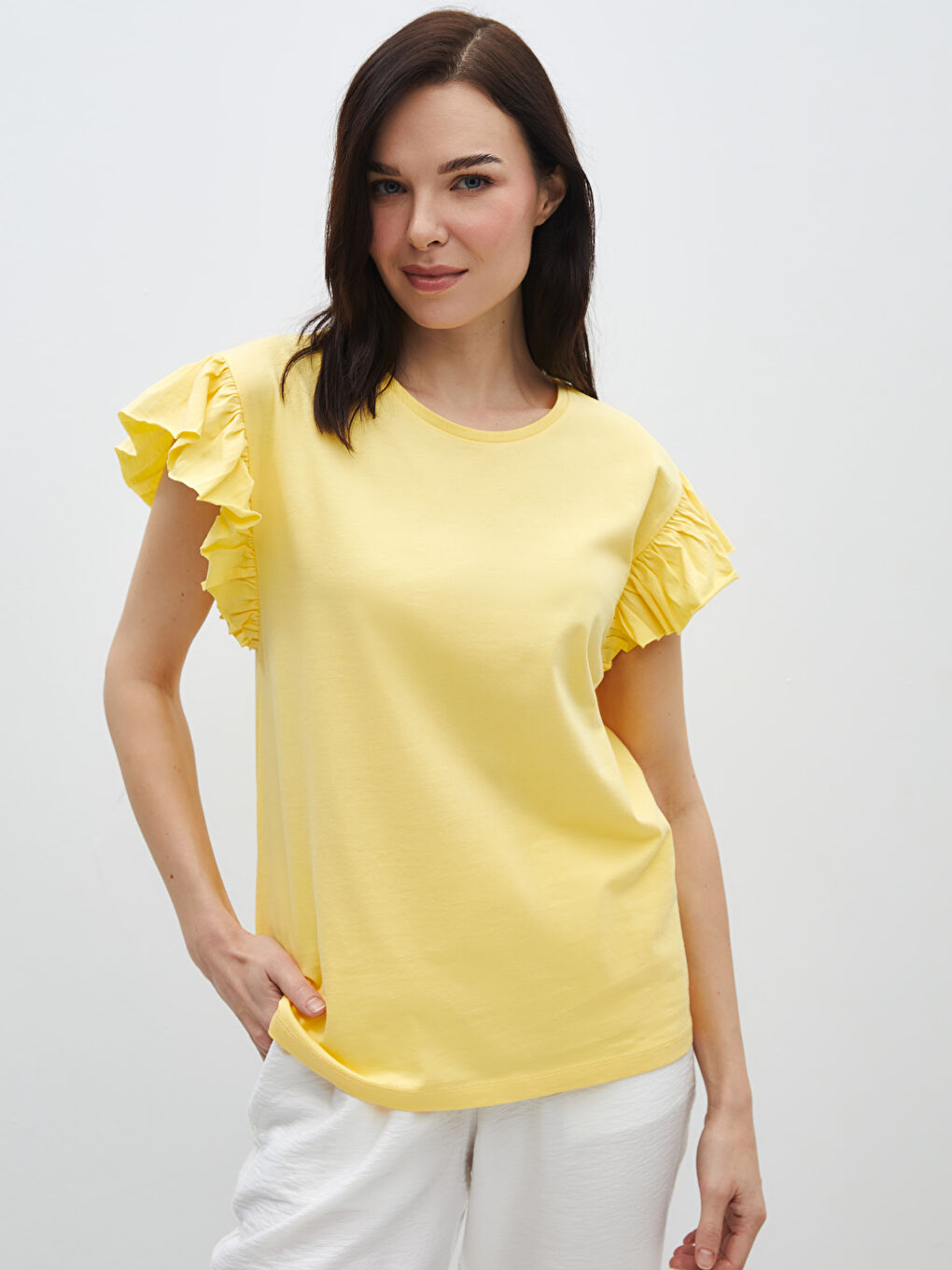 Sarı Bisiklet Yaka Düz Kısa Kollu Kadın Bluz