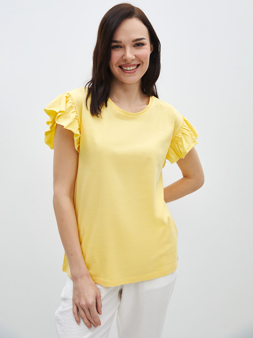 Sarı Bisiklet Yaka Düz Kısa Kollu Kadın Bluz-1
