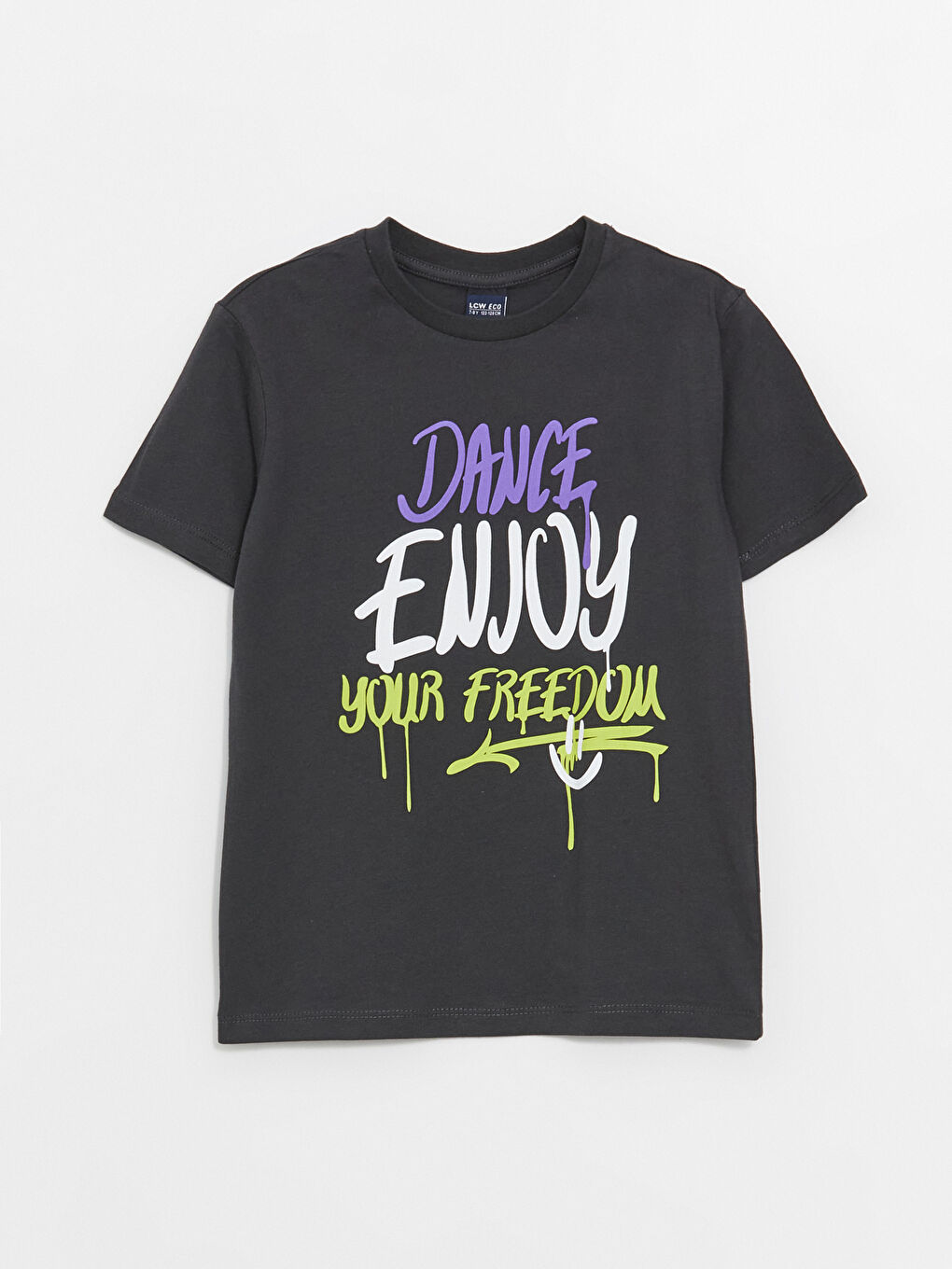 Antrasit Bisiklet Yaka Baskılı Kısa Kollu Erkek Çocuk Tişört