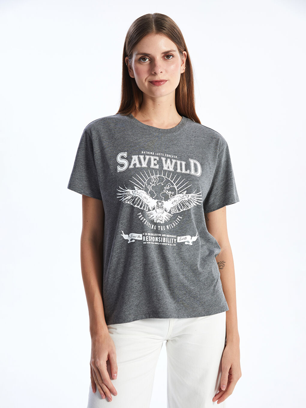 Antrasit Bisiklet Yaka Baskılı Kısa Kollu Kadın Tişört-1