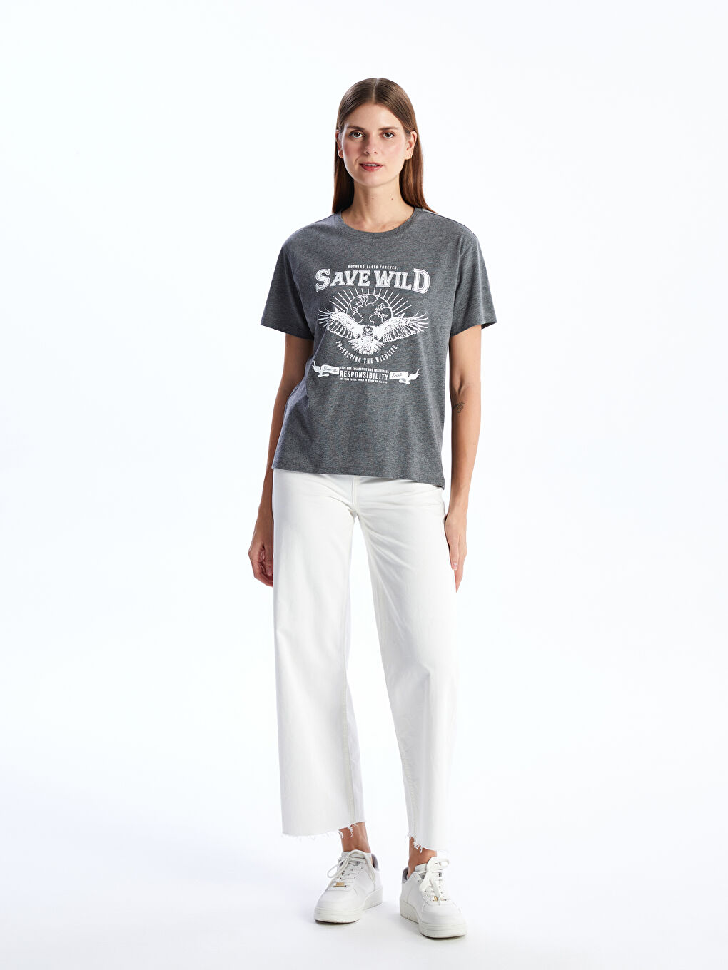 Antrasit Bisiklet Yaka Baskılı Kısa Kollu Kadın Tişört-2