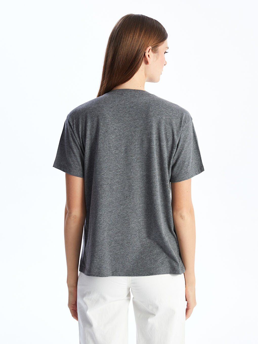 Antrasit Bisiklet Yaka Baskılı Kısa Kollu Kadın Tişört-4