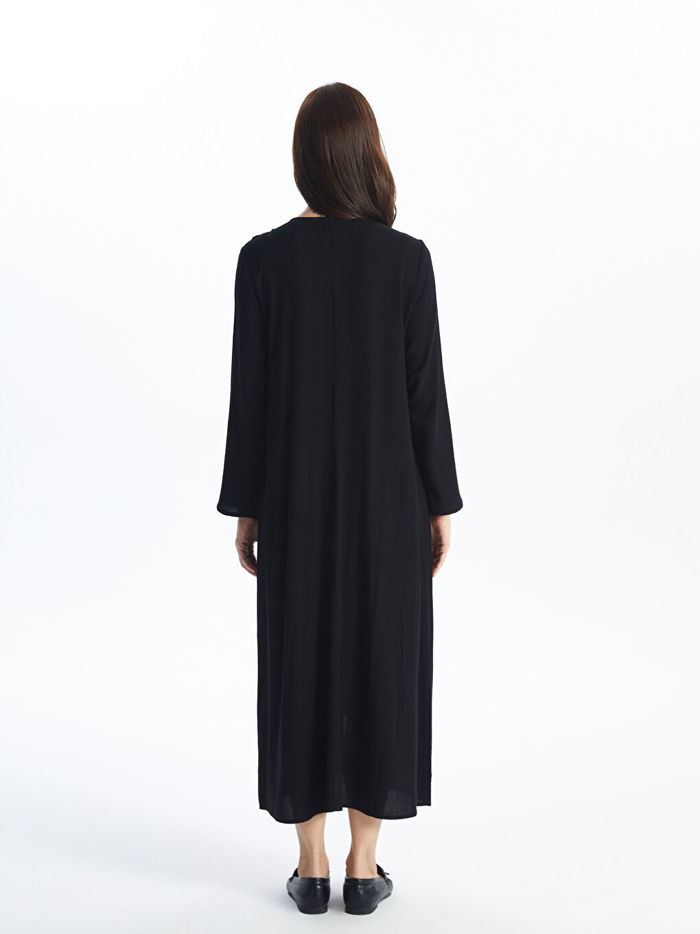 Abaya Unie à Col Rond et Manches Longues pour Femmes-4