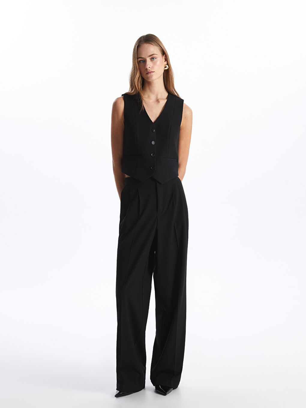 Siyah Kadın V Yaka Düz Klasik Yelek-1