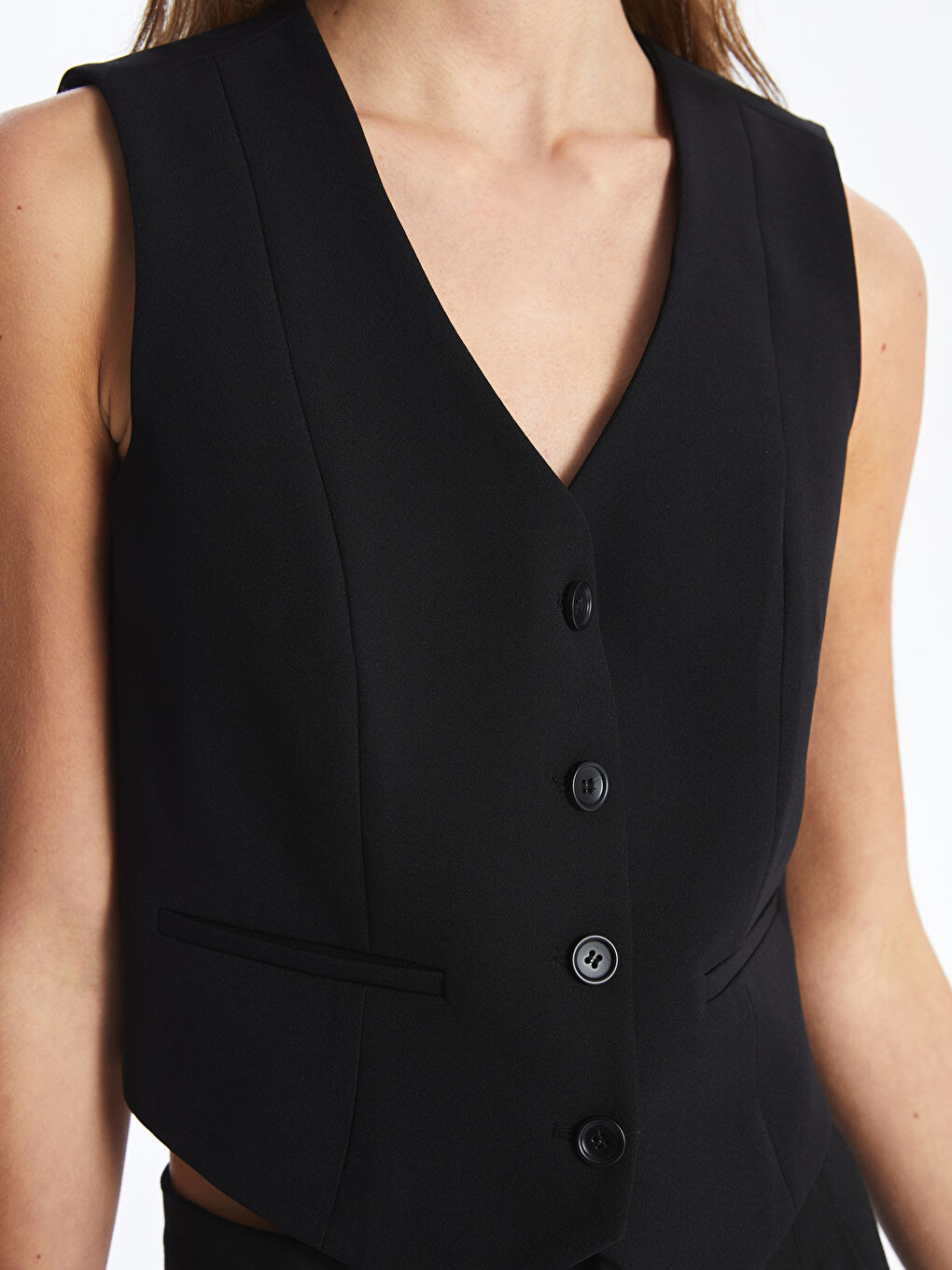 Siyah Kadın V Yaka Düz Klasik Yelek-3