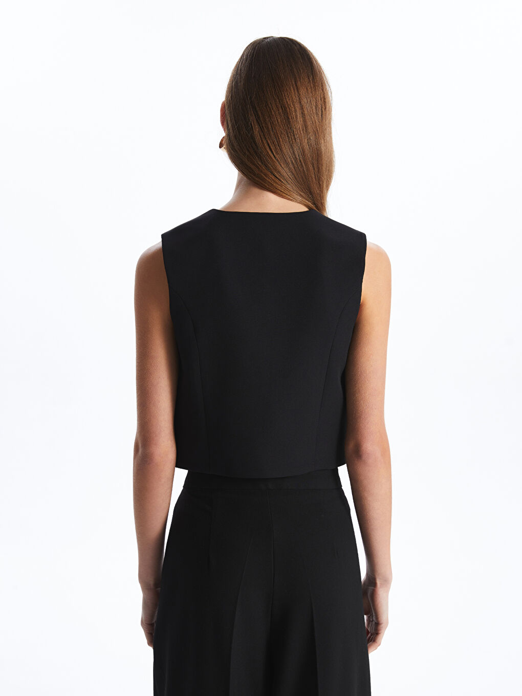 Siyah Kadın V Yaka Düz Klasik Yelek-4