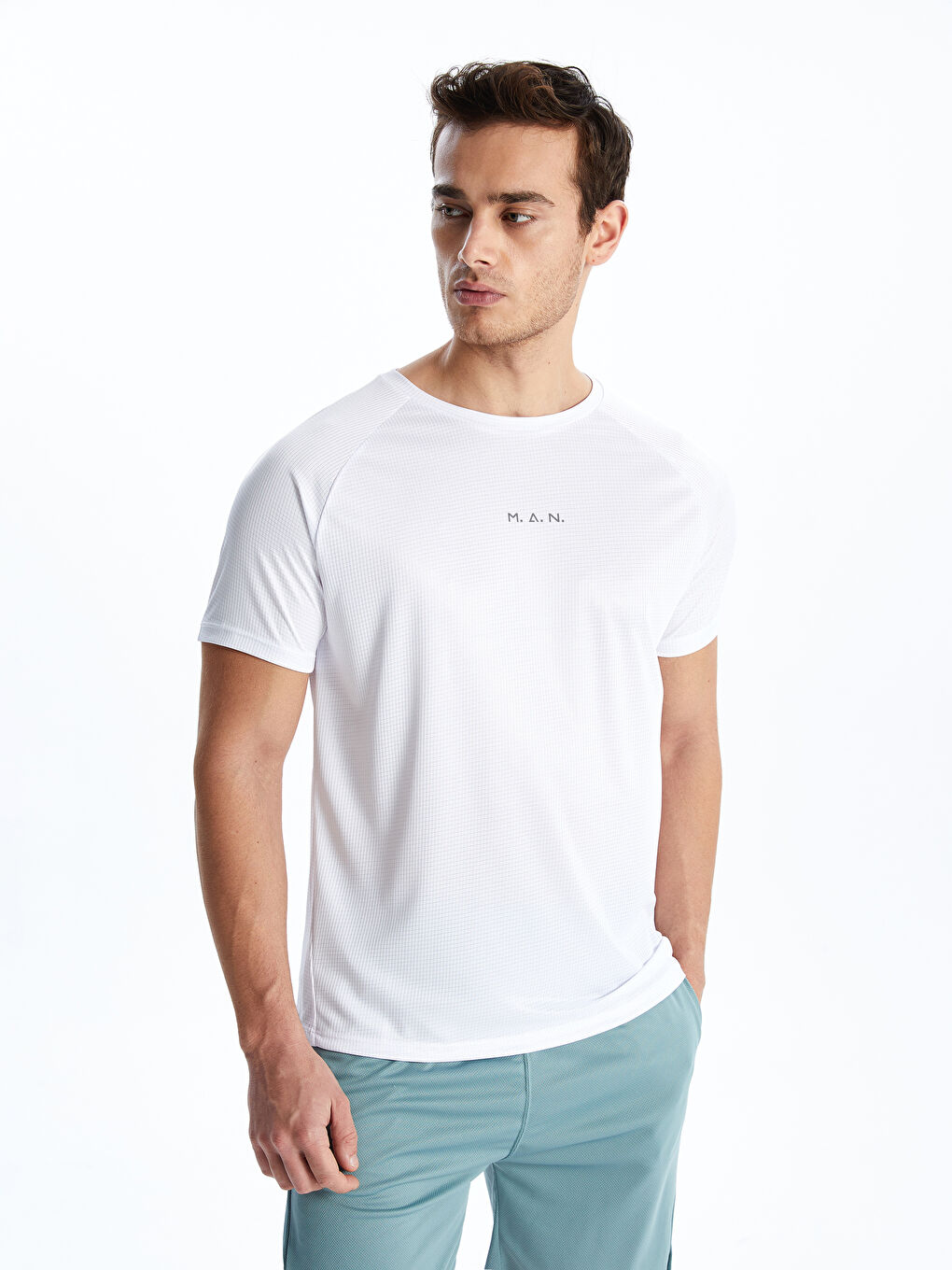 Beyaz Bisiklet Yaka Kısa Kollu Baskılı Erkek Spor Tişört