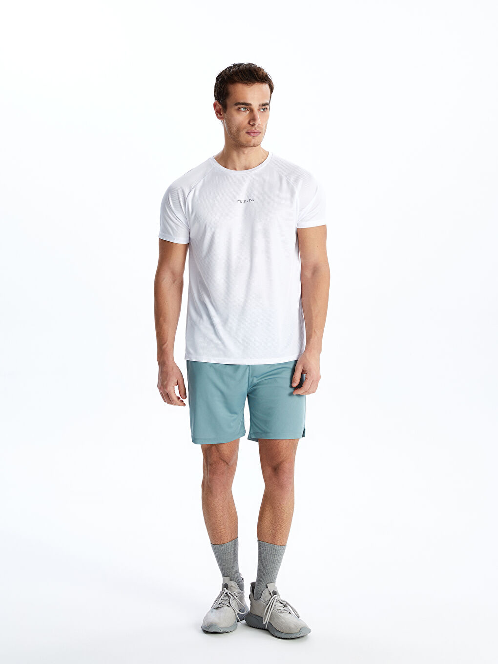 Beyaz Bisiklet Yaka Kısa Kollu Baskılı Erkek Spor Tişört-1