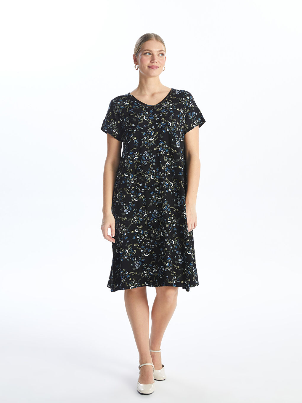 V Neck Flower Short Sleeve Women's Dress -S4I140Z8-F9C