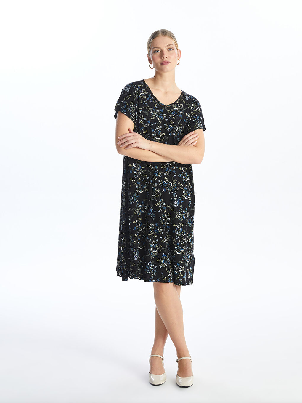 V Neck Flower Short Sleeve Women's Dress -S4I140Z8-F9C