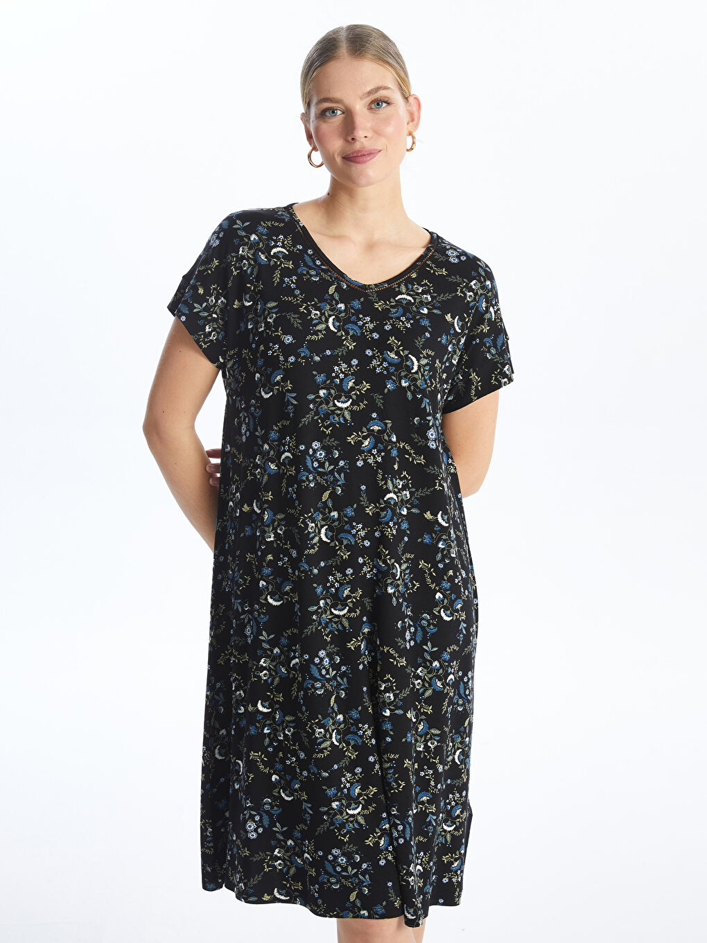 V Neck Flower Short Sleeve Women's Dress -S4I140Z8-F9C