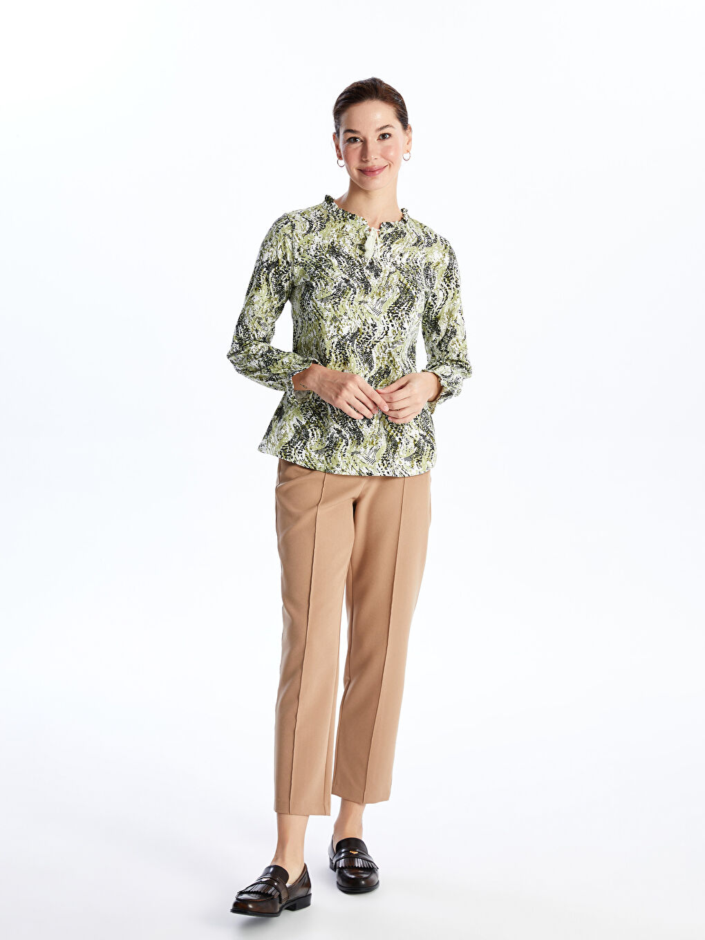 Tie Neck Patterned Long Sleeve Women's Blouse -S4I153Z8-LRF