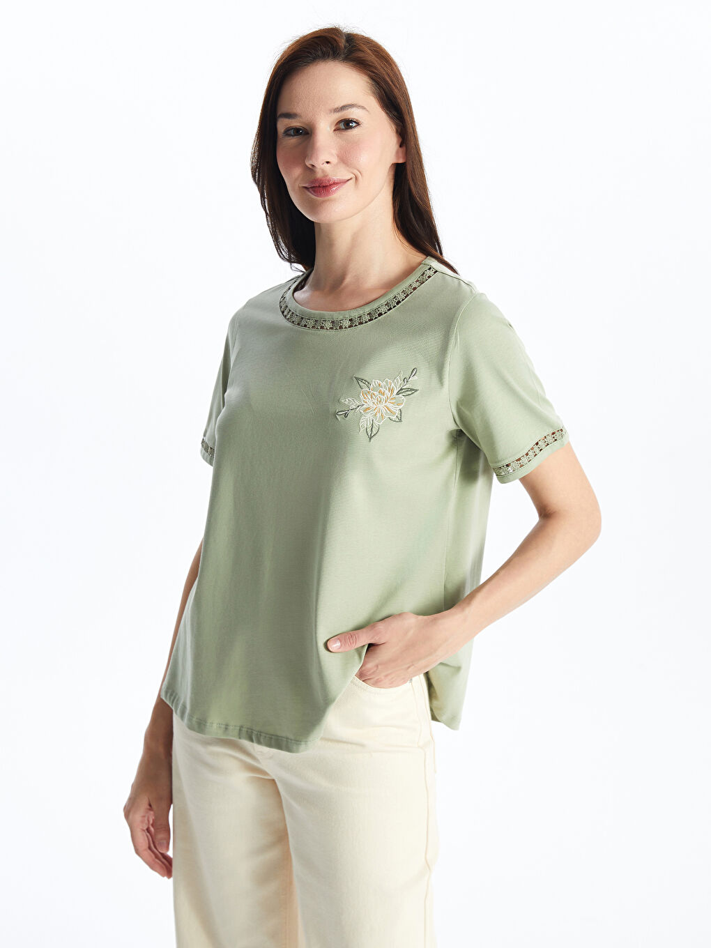 LCW Grace Crew Neck Embroidered Short Sleeve Women's Blouse -S4I185Z8-GHY