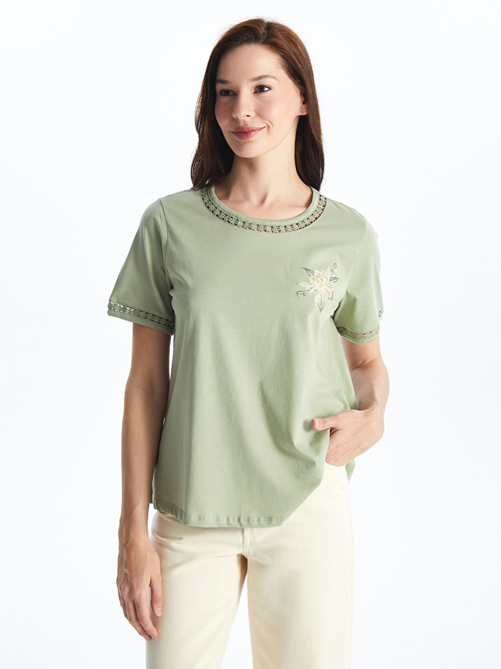 LCW Grace Crew Neck Embroidered Short Sleeve Women's Blouse -S4I185Z8-GHY